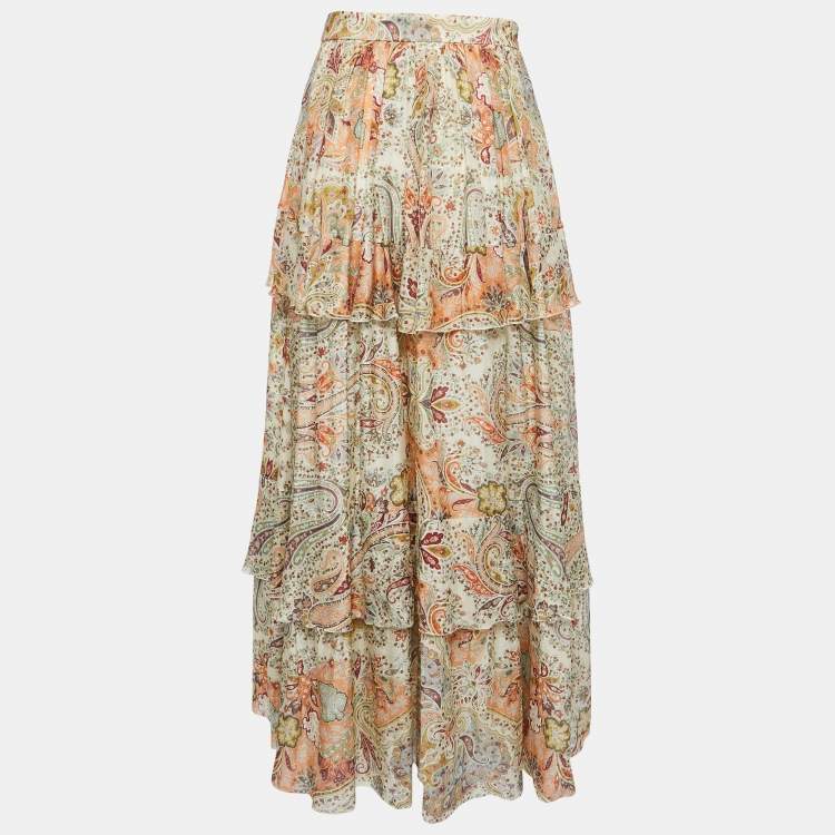 Pre Owned Etro Multicolor Paisley Printed Cotton & Silk Tiered Maxi Skirt M