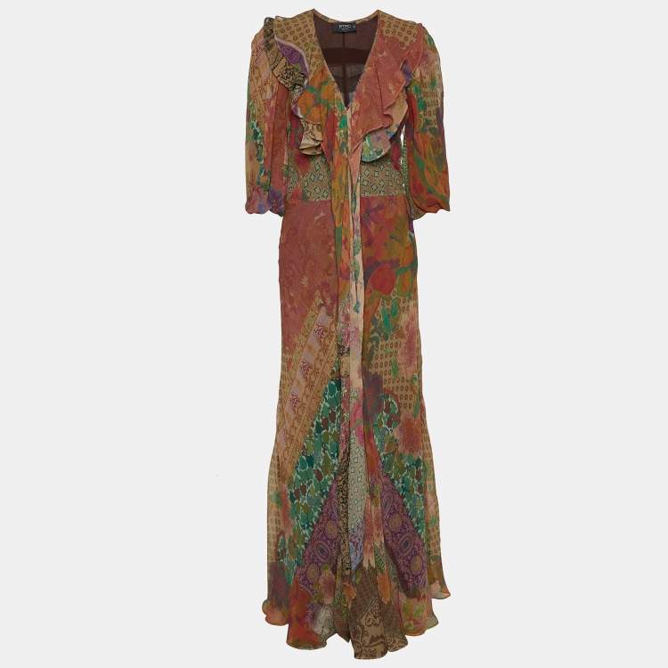 Etro Multicolor Printed Silk Ruffle Detail Maxi Dress M TLC