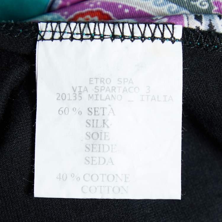 Pre Owned Etro Black Cotton Knit & Printed Silk Top L