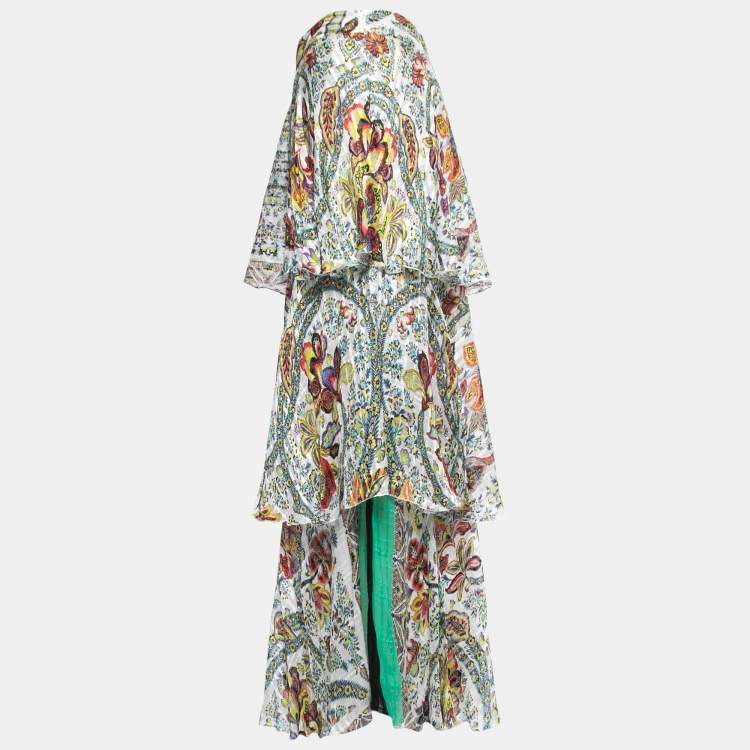 Pre Owned Etro White Floral Printed Silk Tiered Midi Skirt M