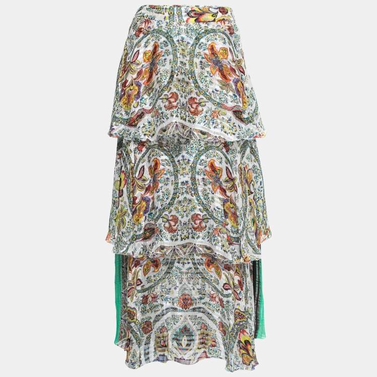 Pre Owned Etro White Floral Printed Silk Tiered Midi Skirt M
