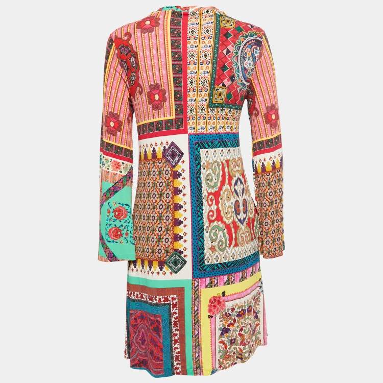 Pre Owned Etro Multicolor Printed Jersey Patchwork Tie Neck Detail Midi Dress S
