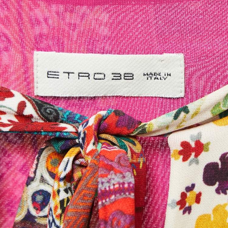Pre Owned Etro Multicolor Printed Jersey Patchwork Tie Neck Detail Midi Dress S