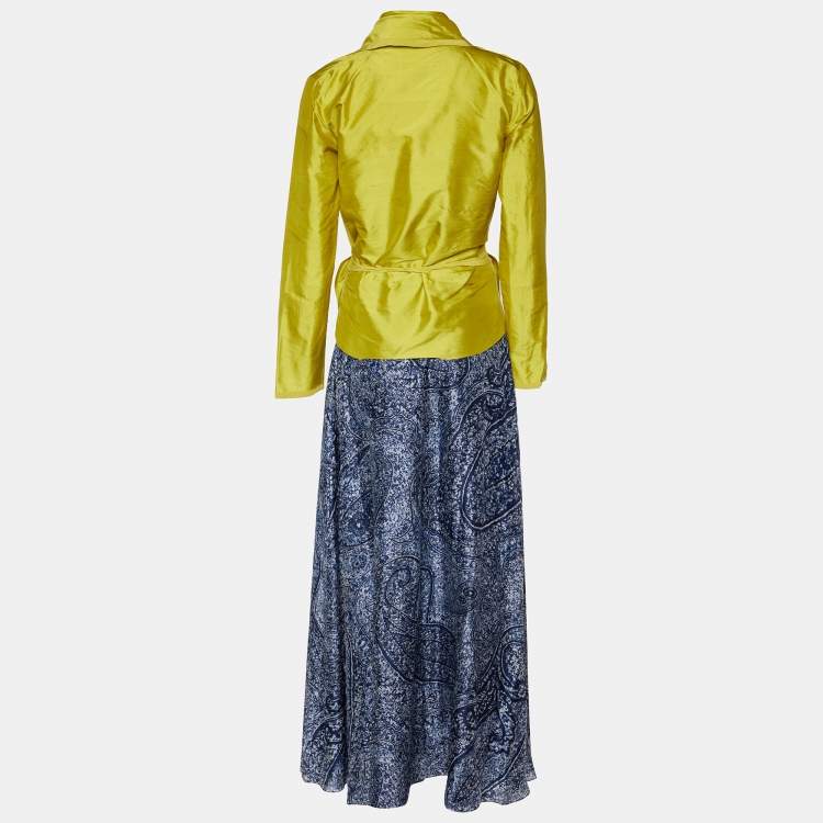 Pre Owned Etro Blue Printed Silk Halter Neck Dress & Green Silk Jacket M