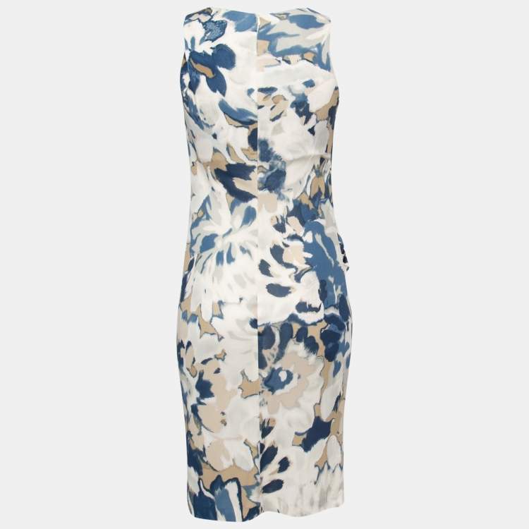 Pre Owned Etro Navy Blue/Beige Patterned Knit Ruched Sleeveless Midi Dress S