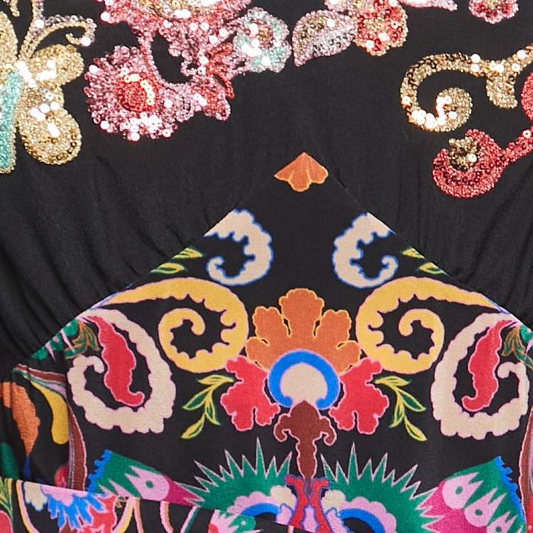 Pre Owned Etro Multicolor Sequin Embroidered & Printed Silk V-Neck Tie Detail Maxi Dress M