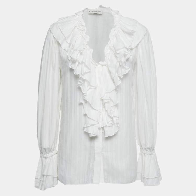 Pre Owned Etro White Stripe Patterned Cotton Ruffled Blouse M