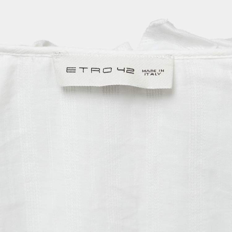 Pre Owned Etro White Stripe Patterned Cotton Ruffled Blouse M