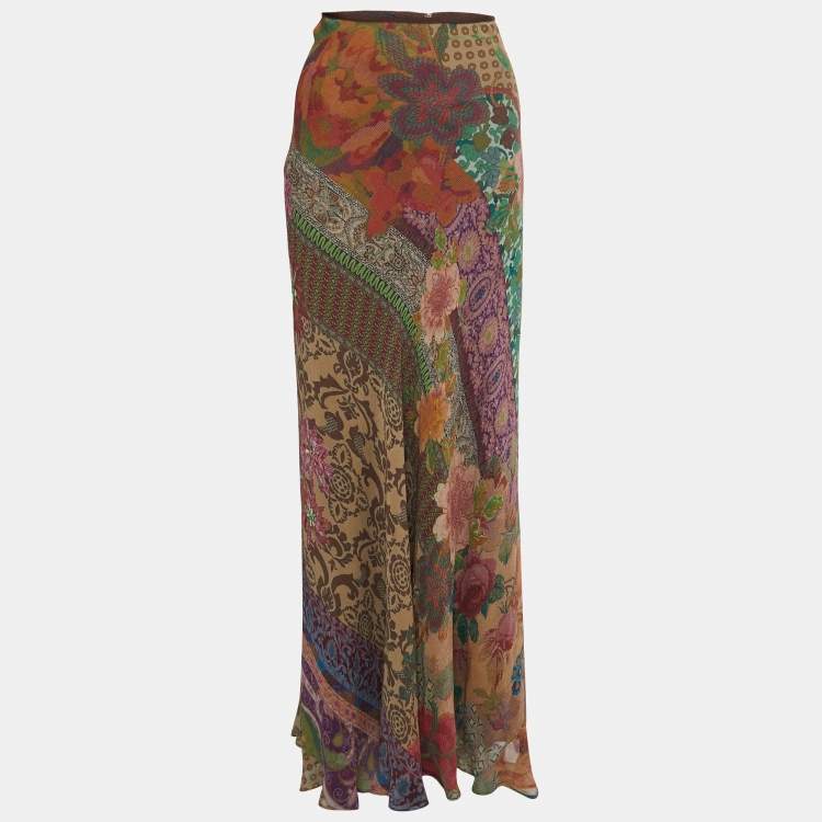 Pre Owned Etro Brown/Multicolor Printed Silk Chiffon Maxi Skirt M