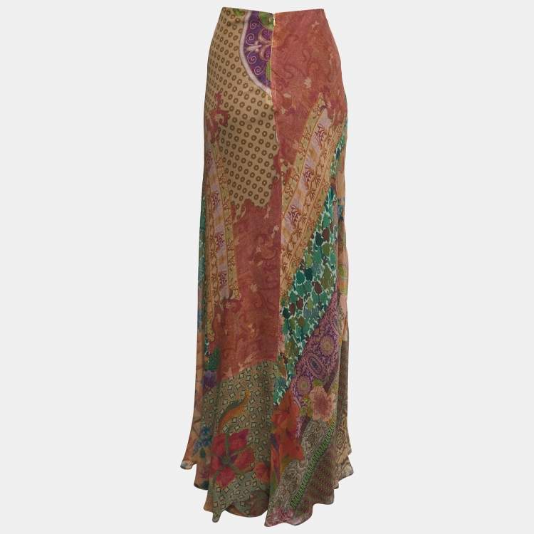Pre Owned Etro Brown/Multicolor Printed Silk Chiffon Maxi Skirt M