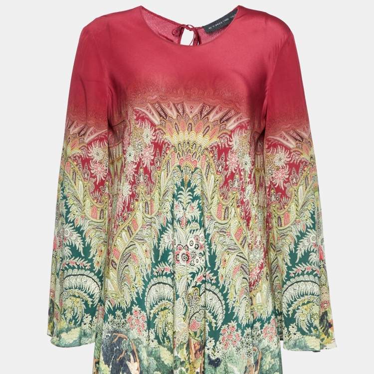Pre Owned Etro Burgundy Printed Silk Bell Sleeve Maxi Dress L