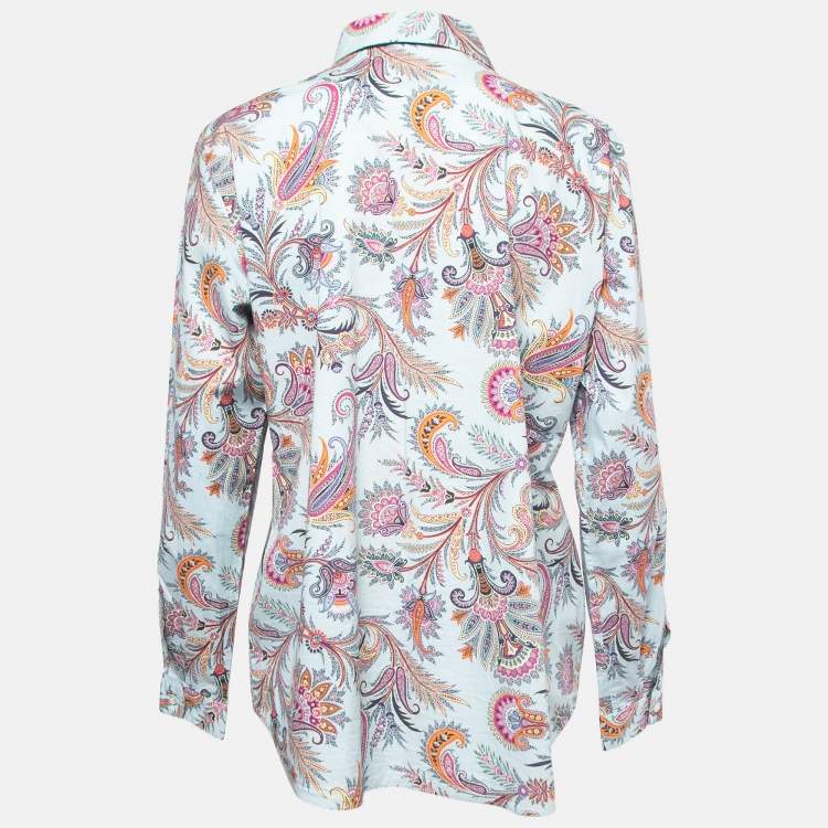 Pre Owned Etro Blue Printed Cotton Full Sleeve Shirt L