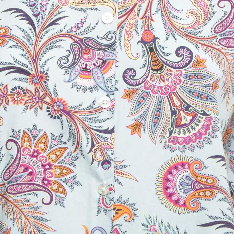 Pre Owned Etro Blue Printed Cotton Full Sleeve Shirt L
