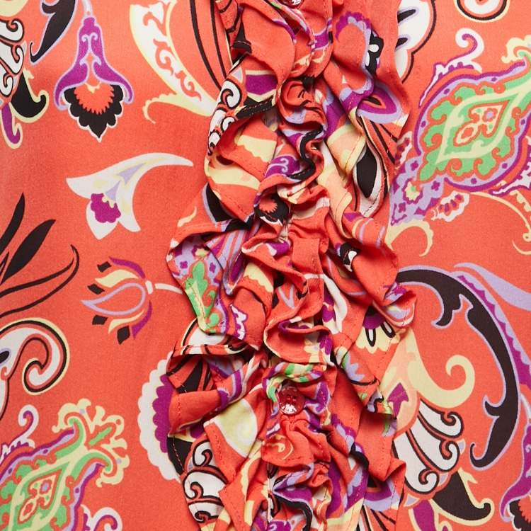 Pre Owned Etro Multicolor Printed Silk Ruffled Button Front Shirt Blouse M