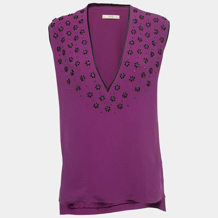Pre Owned Etro Purple Crepe Beads Embellished V-Neck Sleeveless Blouse M