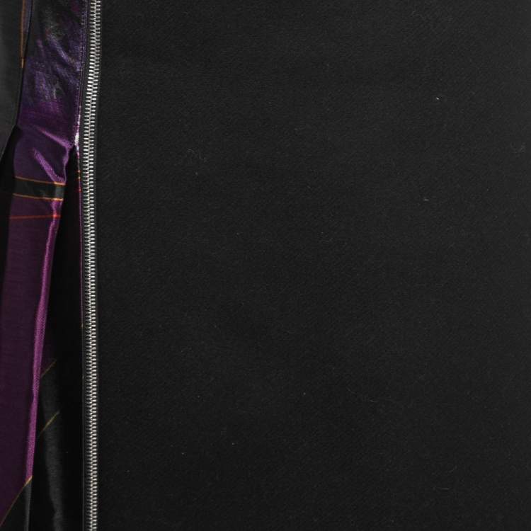 Pre Owned Etro Black/Purple Printed Silk & Wool Pleated Overlap Detail Knee Length Skirt L