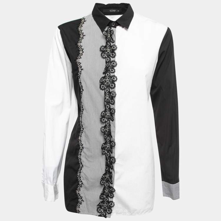 Pre Owned Etro White/Black Dotted Cotton Floral Lace Trimmed Button Front Full Sleeve Shirt L
