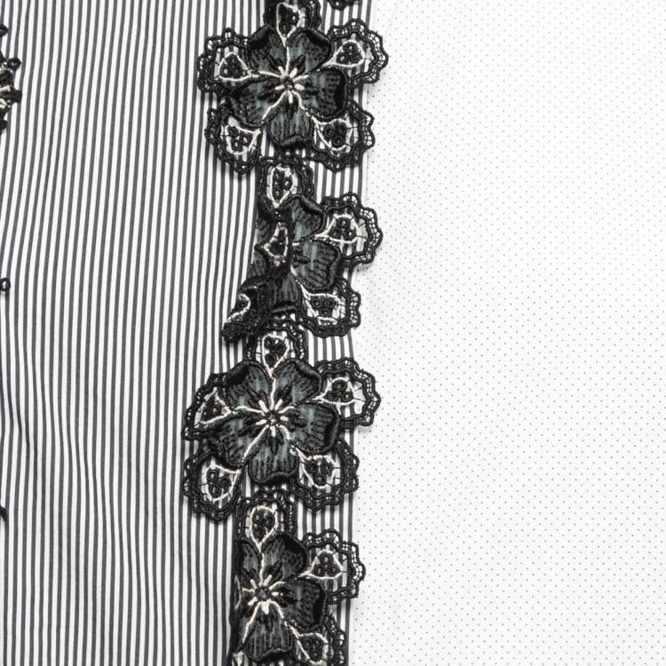 Pre Owned Etro White/Black Dotted Cotton Floral Lace Trimmed Button Front Full Sleeve Shirt L