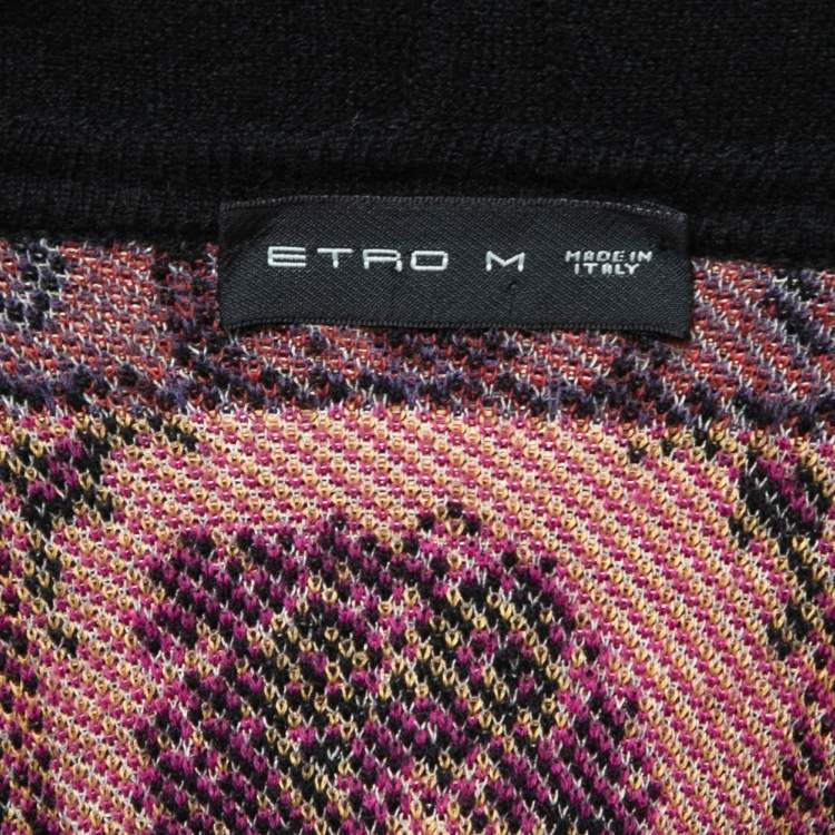 Pre Owned Etro Black/Multicolor Patterned Wool Fringed Hooded Poncho M