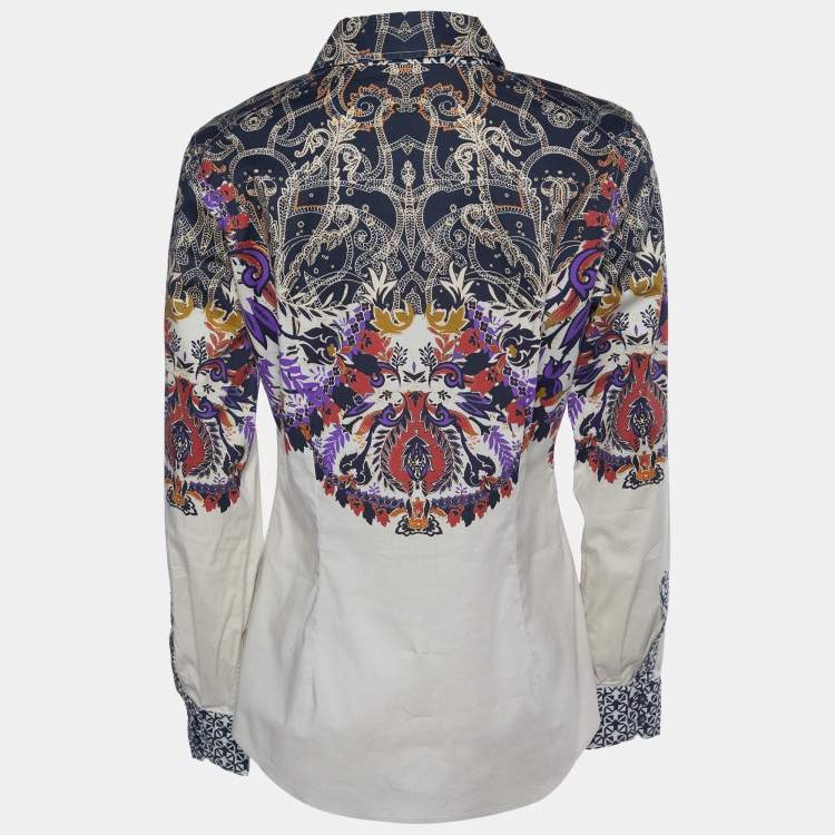 Pre Owned Etro Cream Printed Cotton Button Front Shirt M