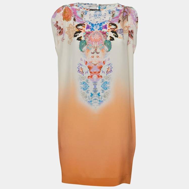 Pre Owned Etro Light Orange Floral Print Silk Mini Shift Dress S