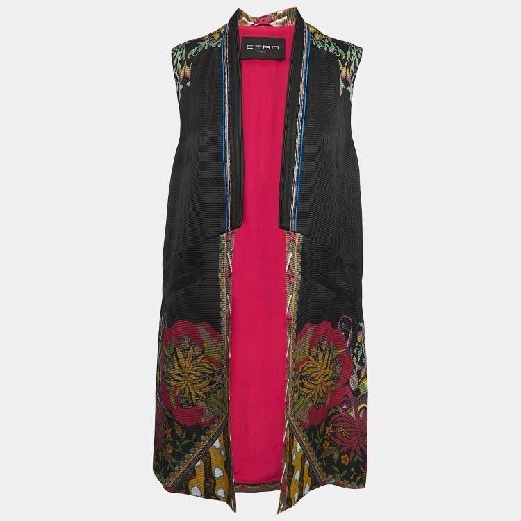 Pre Owned Etro Black Floral Jacquard Sleeveless Open Front Coat M