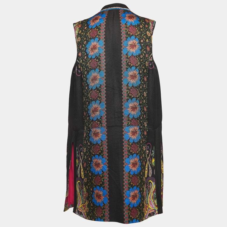 Pre Owned Etro Black Floral Jacquard Sleeveless Open Front Coat M