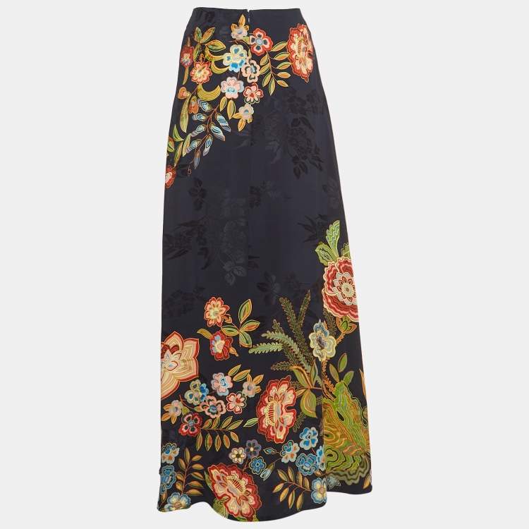 Pre Owned Etro Navy Blue Floral Print Jacquard Panel Maxi Skirt S