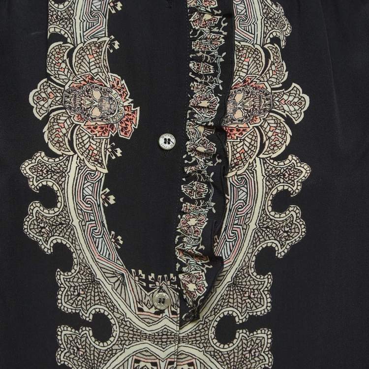 Pre Owned Etro Black Floral Print Silk and Crepe Ruffled Shirt and Trouser Set S
