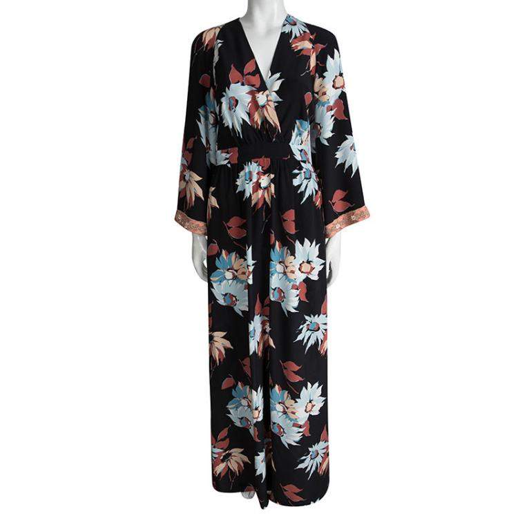 Pre Owned Etro Black Floral Printed Silk Embellished Cuff Detail Maxi Dress S