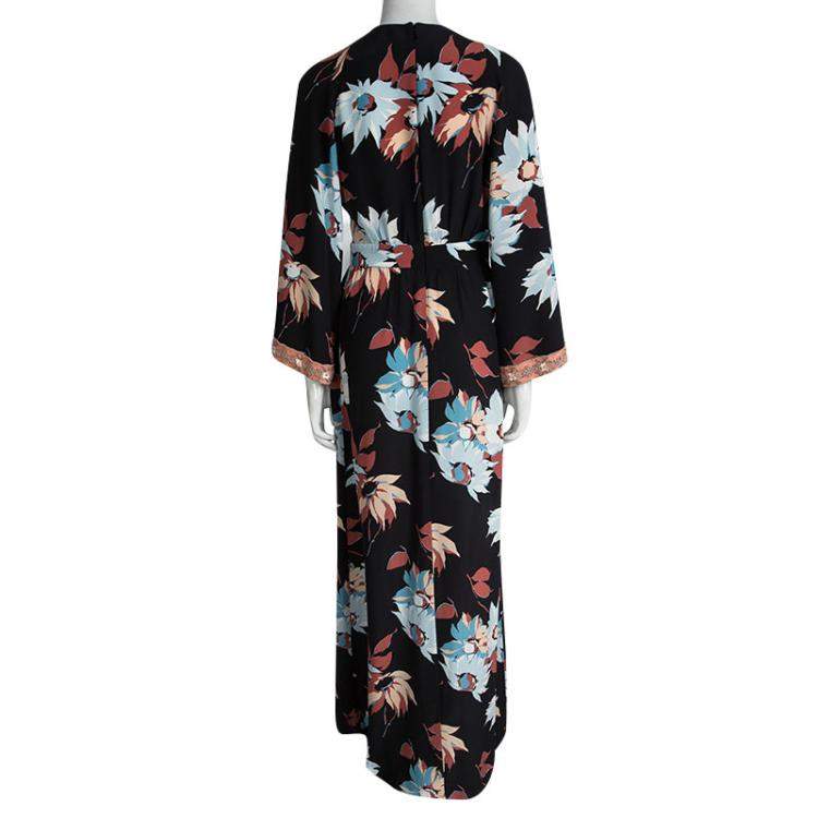 Pre Owned Etro Black Floral Printed Silk Embellished Cuff Detail Maxi Dress S