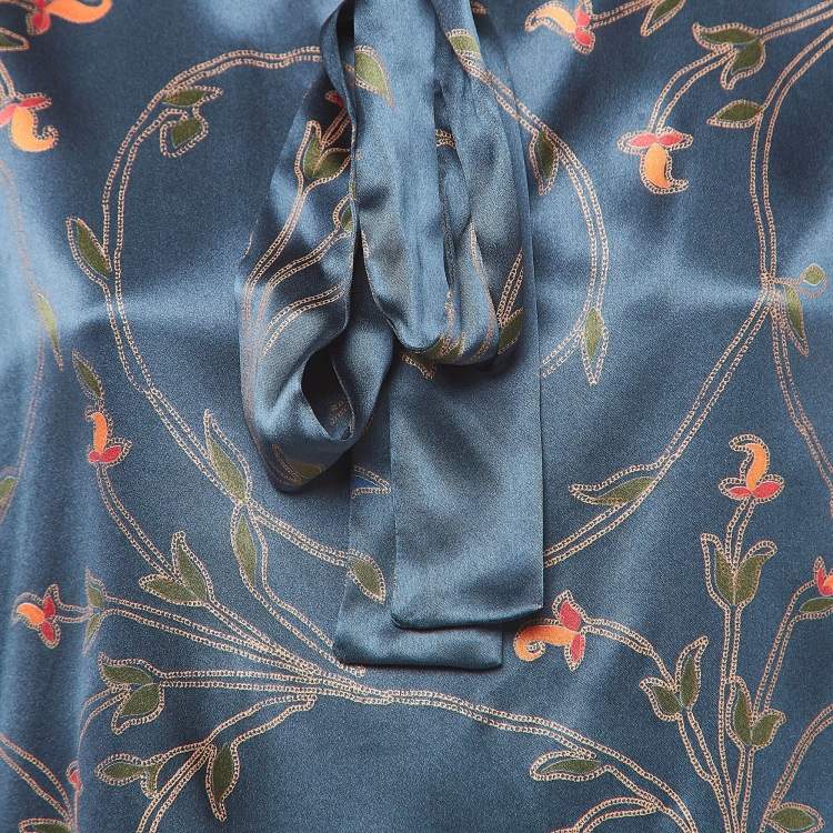 Pre Owned Etro Blue Floral Print Silk Satin Neck Tie Blouse L