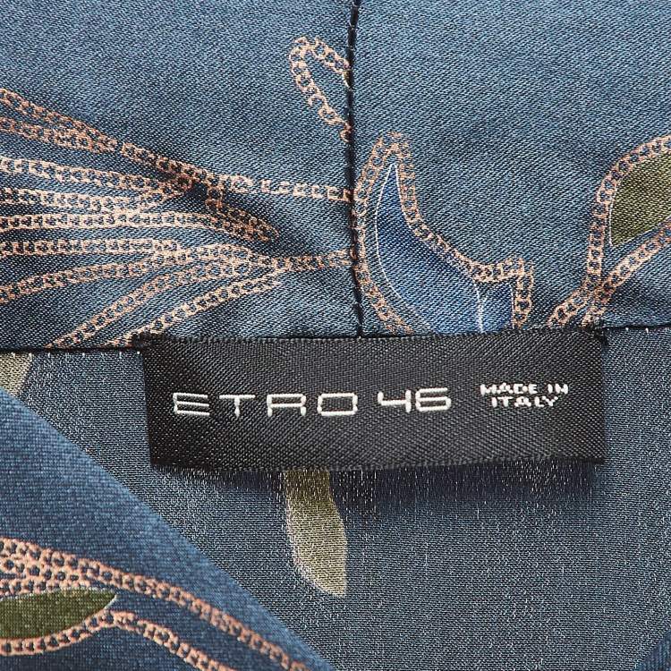 Pre Owned Etro Blue Floral Print Silk Satin Neck Tie Blouse L