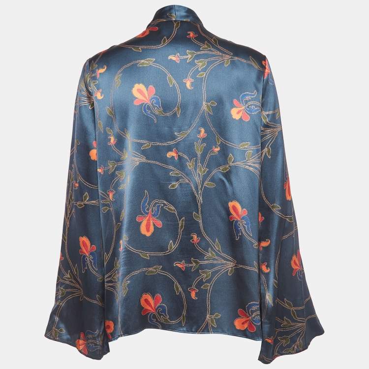 Pre Owned Etro Blue Floral Print Silk Satin Neck Tie Blouse L