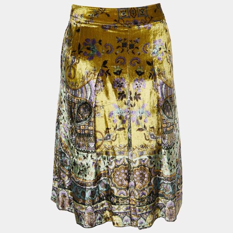 Pre Owned Etro Mustard Yellow Floral Print Velvet Pleated Skirt M