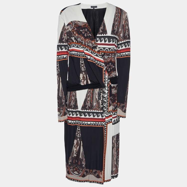 Pre Owned Etro Black Paisley Print Jersey Faux Wrap Midi Dress L