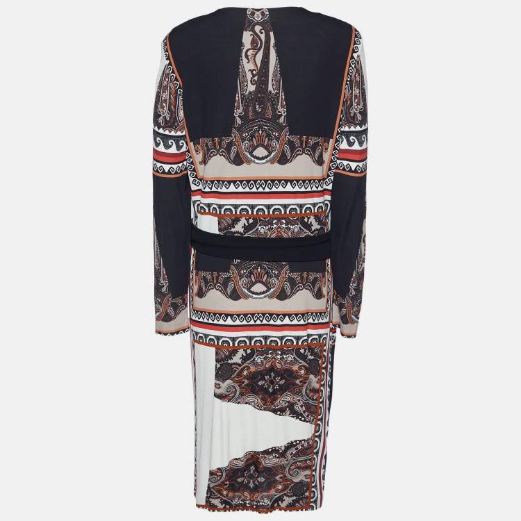 Pre Owned Etro Black Paisley Print Jersey Faux Wrap Midi Dress L