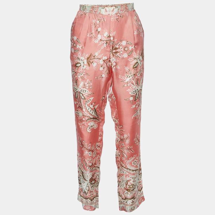Pre Owned Etro Peach Paisley Floral Print Silk Tapered Trousers M