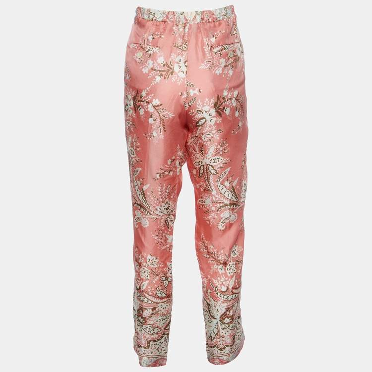Pre Owned Etro Peach Paisley Floral Print Silk Tapered Trousers M