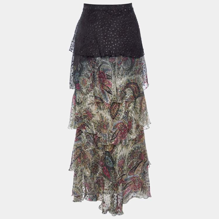 Pre Owned Etro Grey/Cream Ombre Paisley Print Silk Tiered Maxi Skirt L