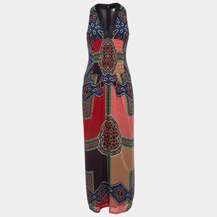 Pre Owned Etro Multicolor Print Silk Shirred Detail Sleeveless Maxi Dress M