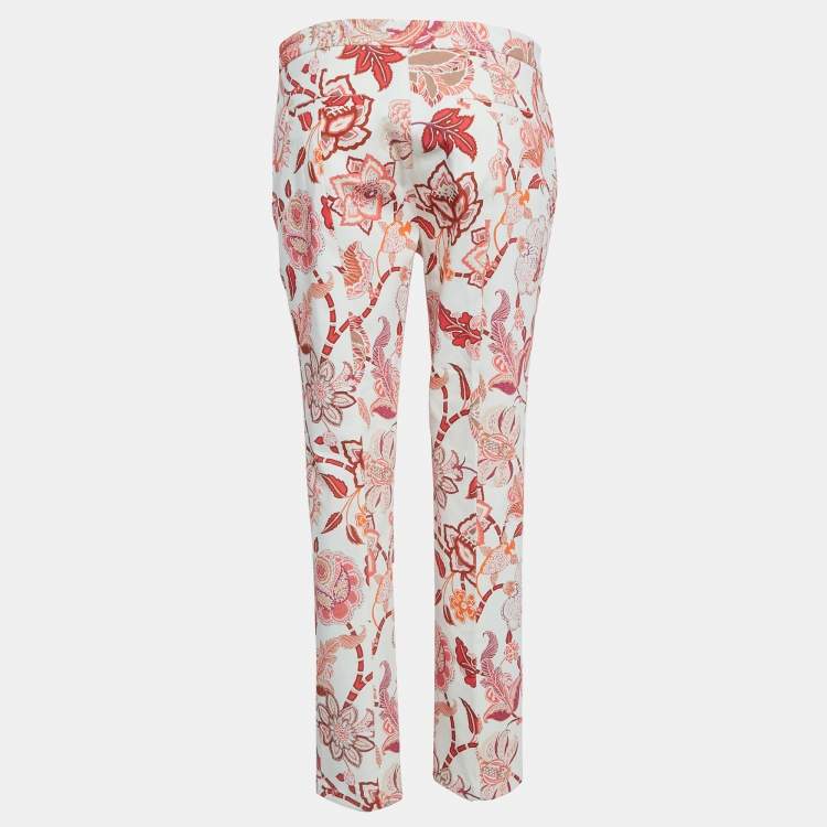 Pre Owned Etro Red Floral Printed Cotton Buttoned Trousers L