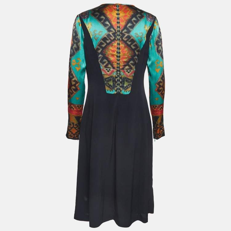 Pre Owned Etro Black & Multicolor Ikat Print Satin & Crepe Full Sleeve Dress M