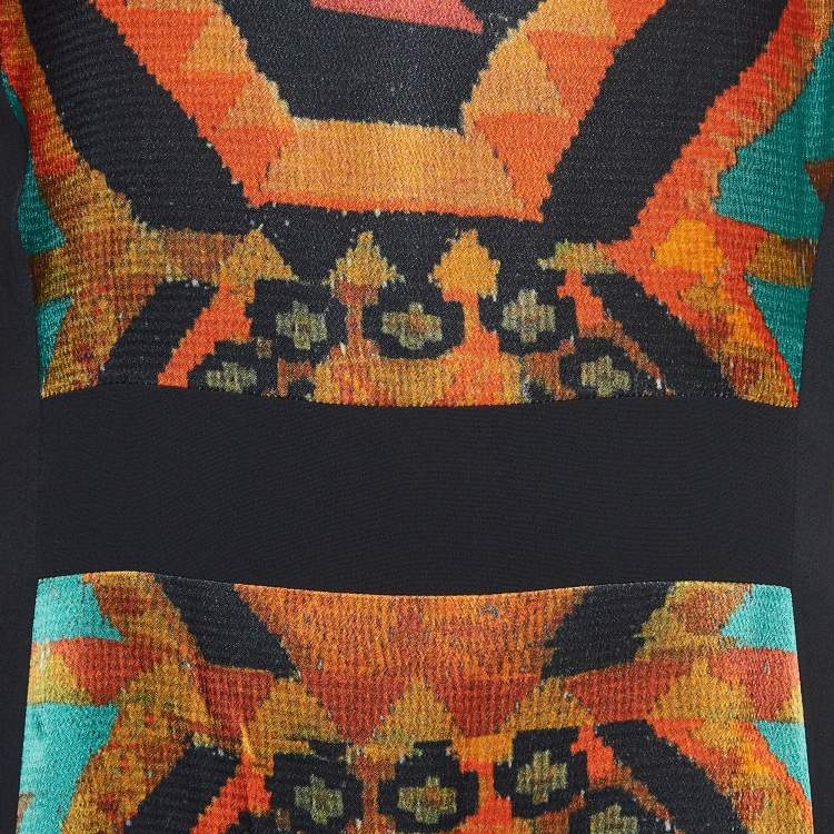 Pre Owned Etro Black & Multicolor Ikat Print Satin & Crepe Full Sleeve Dress M