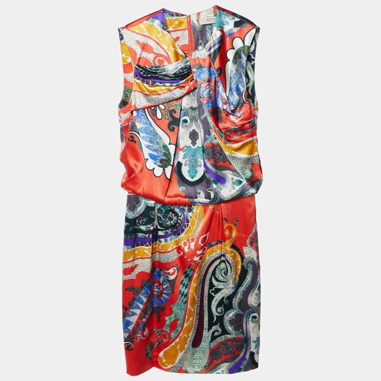 Pre Owned Etro Multicolor Paisley Print Silk Satin Sleeveless Dress M