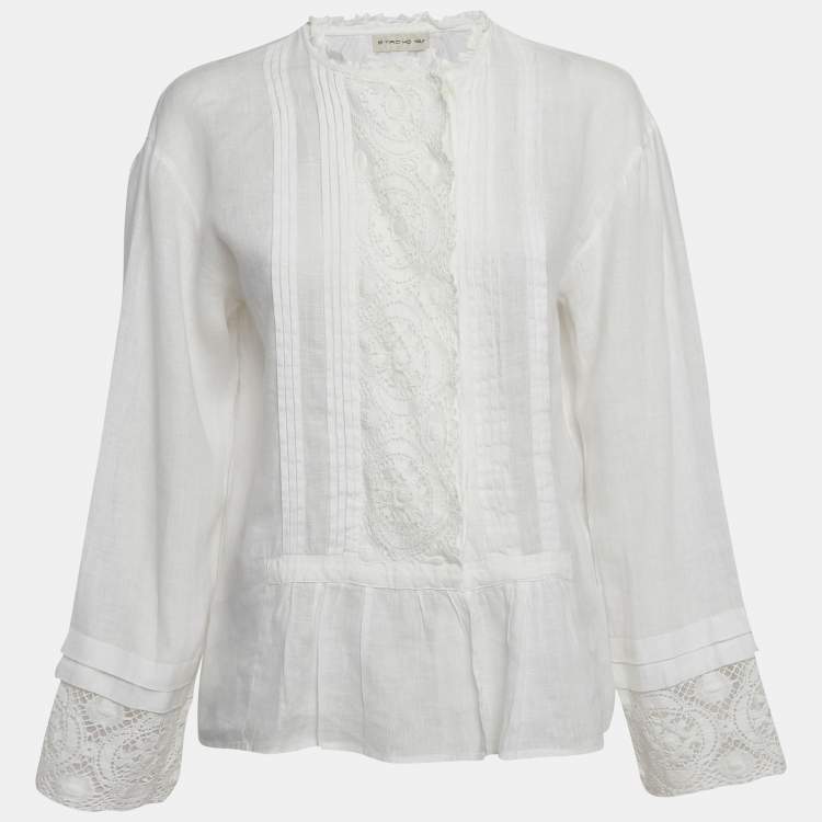 Pre Owned Etro White Linen Lace Trim Detail Top S