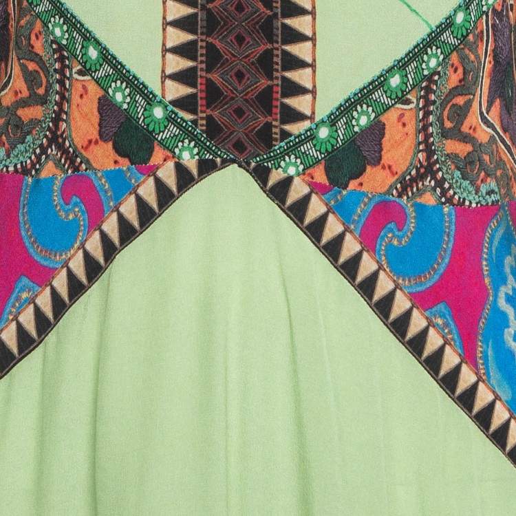 Pre Owned Etro Green Printed Silk Flared Maxi Dress M