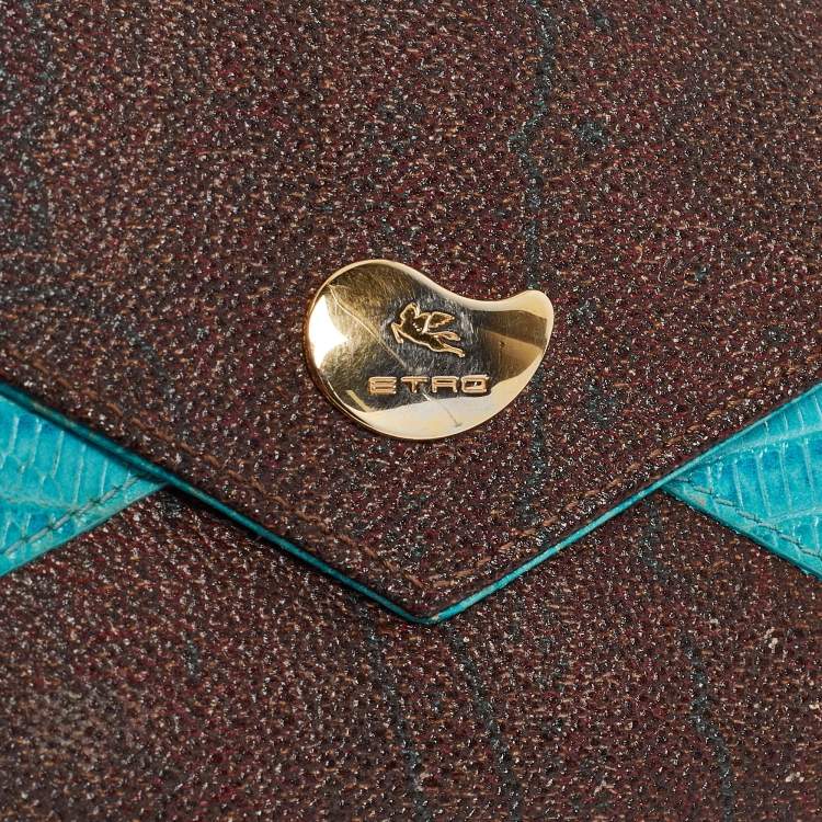 Pre Owned Etro Brown/Blue Paisley Coated Canvas and Lizard Embossed Leather Trifold Continental Wallet