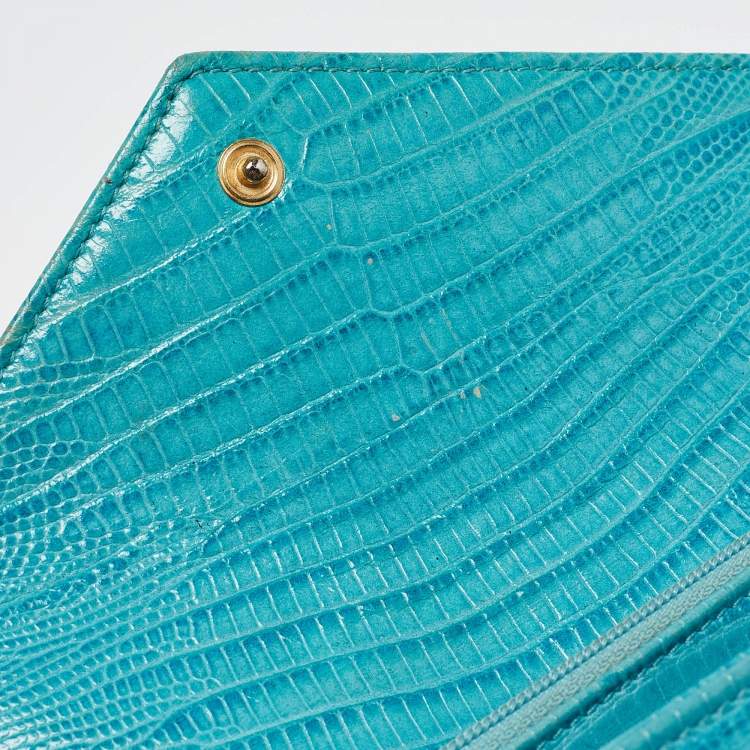 Pre Owned Etro Brown/Blue Paisley Coated Canvas and Lizard Embossed Leather Trifold Continental Wallet