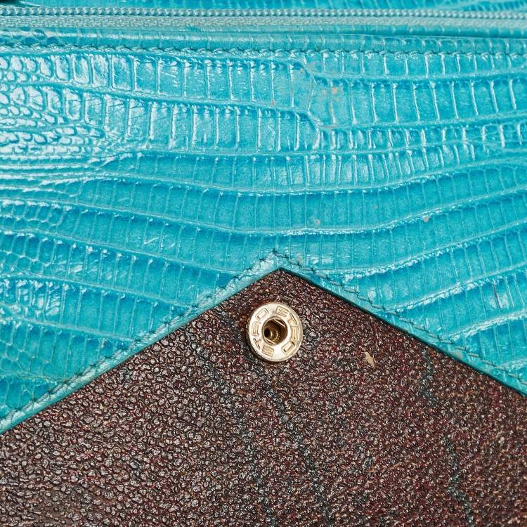 Pre Owned Etro Brown/Blue Paisley Coated Canvas and Lizard Embossed Leather Trifold Continental Wallet